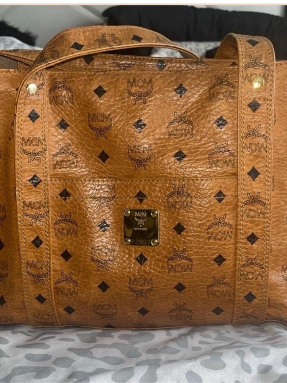 MCM Cognac Monogram Visetos Tote with Gold Plaque